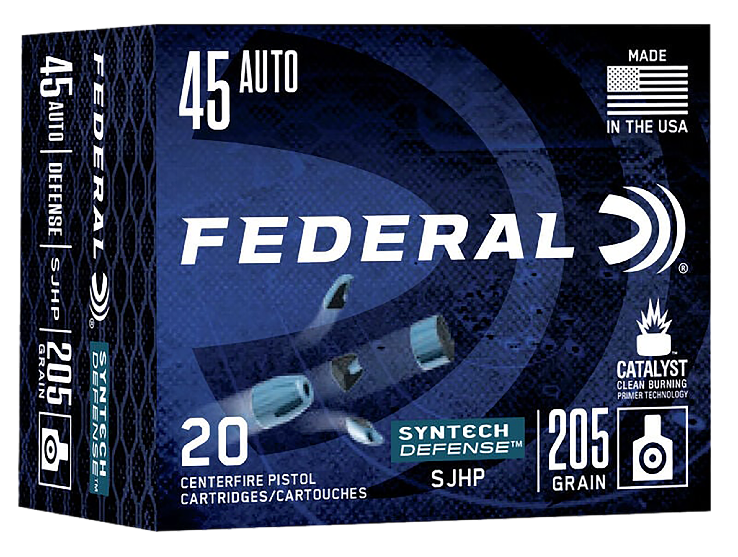 Federal Syntech Defense Pistol Ammunition S45SJT1, 45 ACP, Segmented Jacketed Hollow Point (SJHP), 205 gr, 970 fps, 20 Rd/Bx