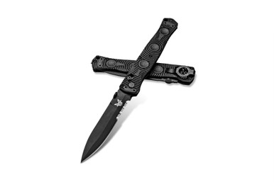 Benchmade SOCP Folding Knife - 4.47" D2 Black Cerakote Spear Point Combo Blade, Black CF-Elite Handles, Carbide Glass Breaker, AXIS/Crossbar Lock - 391SBK
