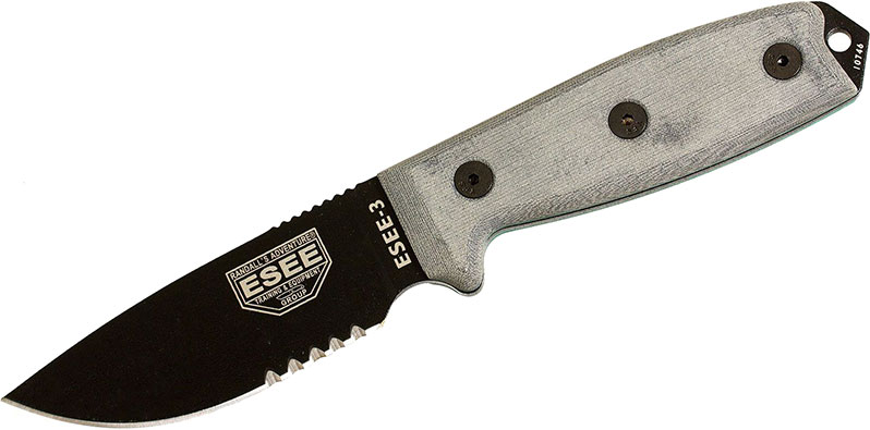 ESEE Knives ESEE-3 Fixed Blade Knife w/Black Blade, Serrated Edge, MOLLE Back (ESEE-3S-MB-B)