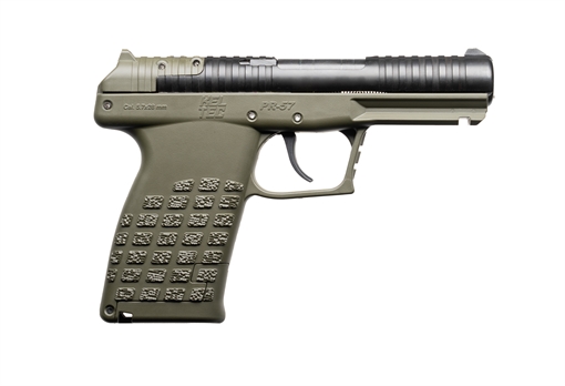 Kel-Tec PR57, Striker Fired, Semi-automatic, Polymer Frame Pistol, Compact, 5.7X28MM, 4.6" Barrel, Matte Finish, Green Frame, Black Slide, Optics Ready, 3 Dot Sights, 20 Rounds, (2) 10 Round Stripper Clips, Includes Optic Plate PR57GRN