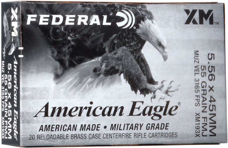 Federal American Eagle Rifle Ammunition XM193X, 5.56x45mm NATO, Full Metal Jacket Boat Tail (FMJBT), 55 gr, 3165 fps, 20 Rd/Bx