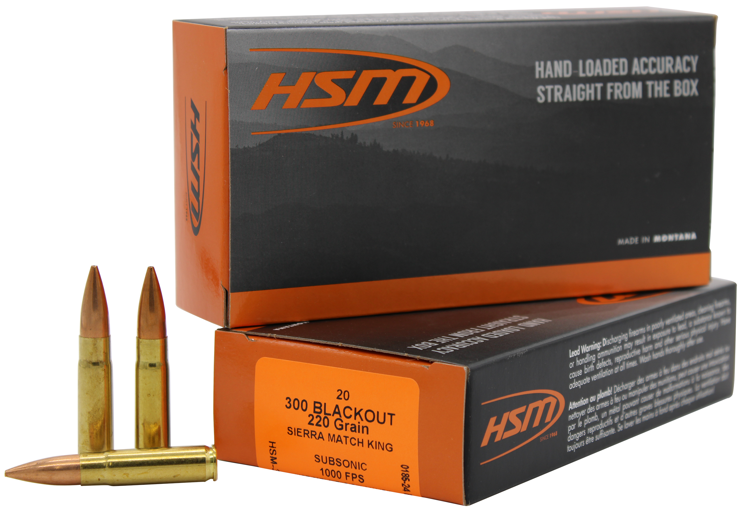 HSM Match Rifle Ammunition 300BLK4N, 300 Blackout, Sierra MatchKing Hollow Point Boat Tail, 220 gr, 1000 fps, 20 Rd/Bx