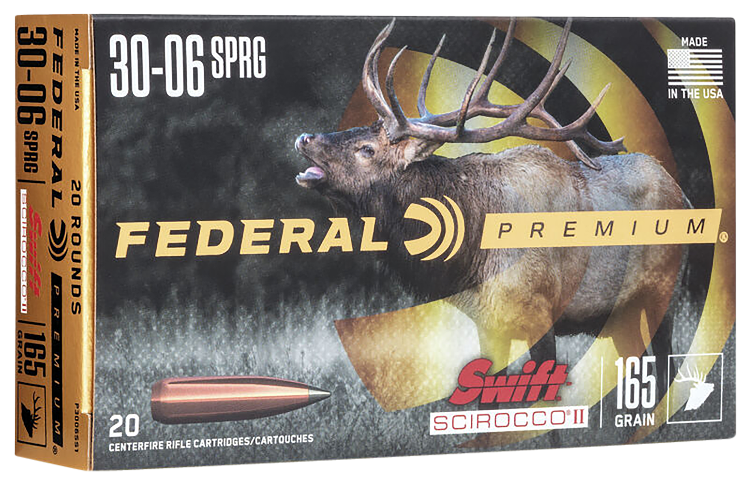 Federal Premium Rifle Ammunition P3006SS1, 30-06 Springfield, Swift Scirocco II, 165 gr, 2800 fps, 20 Rd/Bx