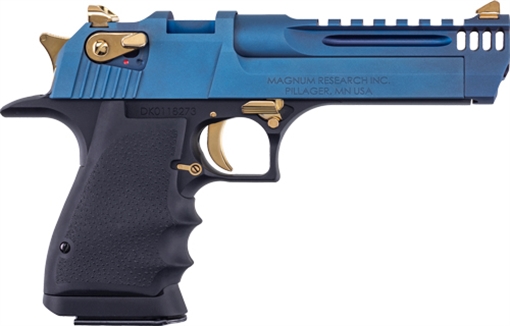 Magnum Research Desert Eagle L5, Semi-automatic Pistol, 44 Magnum, 5" Barrel, PVD Finish, Carbo Blue Slide, Black Aluminum Frame, Gold Controls, Integrated Muzzle Break, Full Weaver Style Rail, Rubber Grips, 8 Rounds, 1 Magazine DE44L5CBG