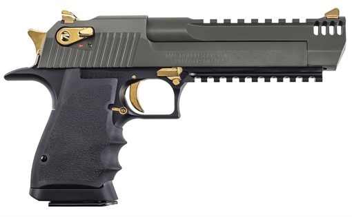 MAGNUM RESEARCH RESEARCH DESERT EAGLE L6 .50AE 5IN BARREL 7RD BLACK FRAME MIL-SPEC GREEN SLIDE MUZZLE BRAKE DE50L6MSG