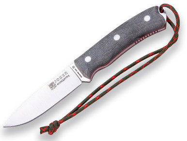 Joker Knives Bushcrafter Fixed Blade Knife - 4.13" Bohler N695 Satin Drop Point, Black Canvas Micarta Handles, Leather Sheath