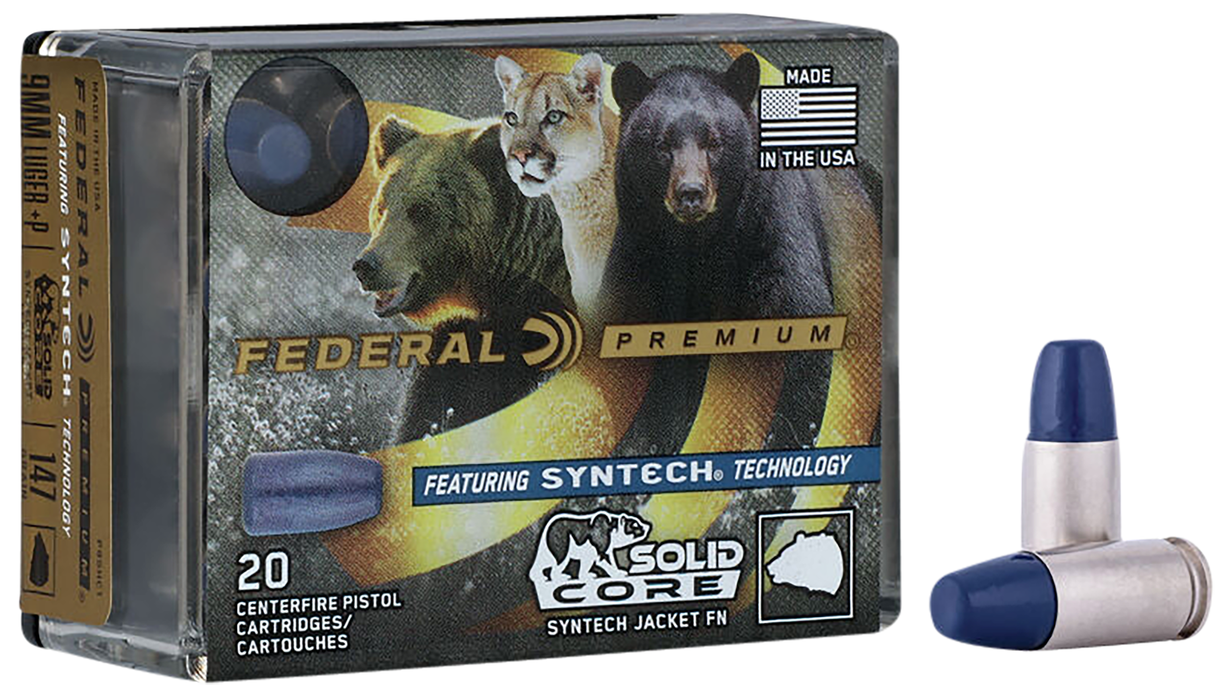 Federal Premium Solid Core Pistol Ammunition P9SHC1, 9mm, Syntech Jacket Lead FN, 147 GR, 20 Rd/bx