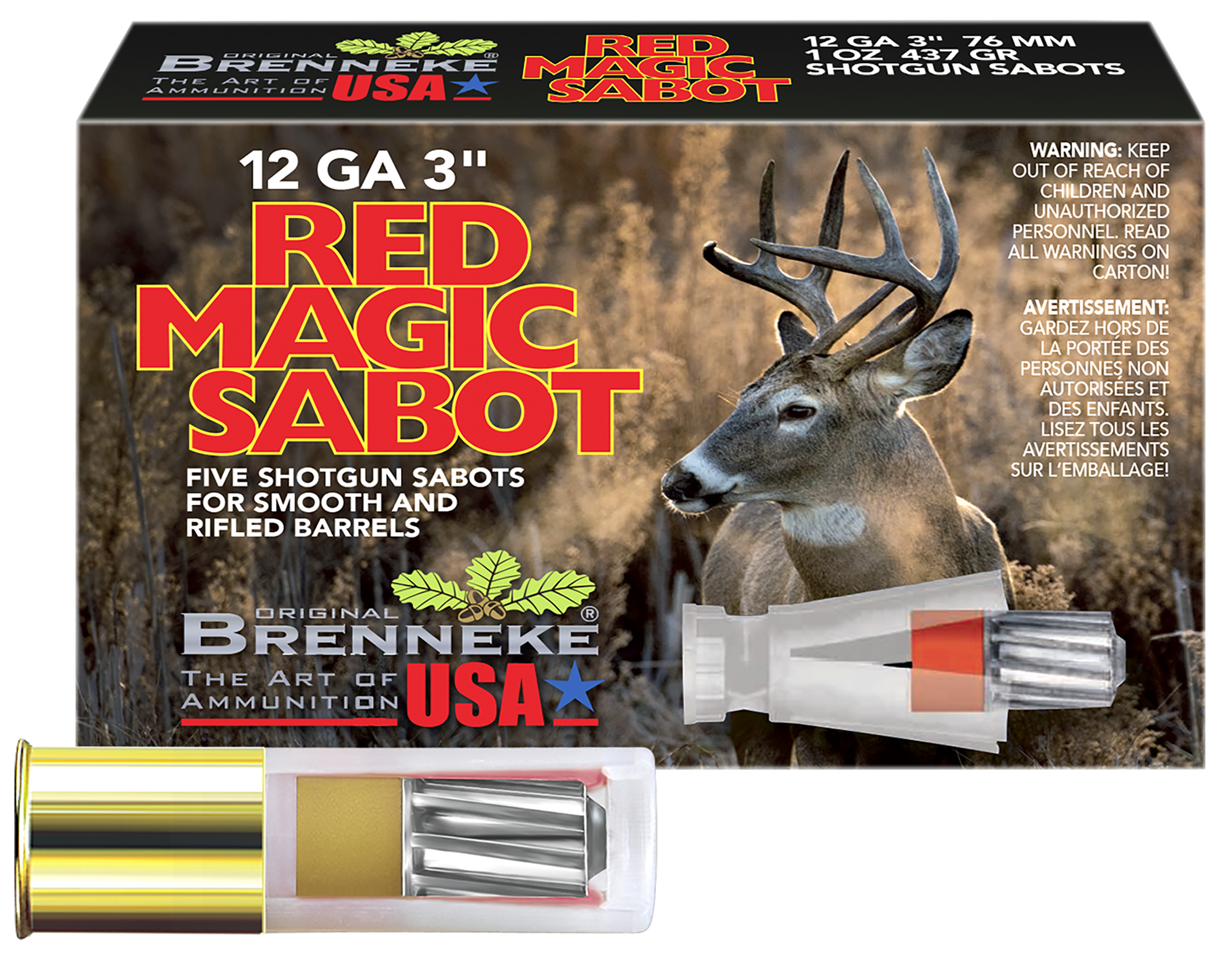 Brenneke Red Magic Sabot Shotshells SL123RMS, 12 Gauge, 3", 1 oz, 1756 fps, Lead Slug, 5 Rds/bx