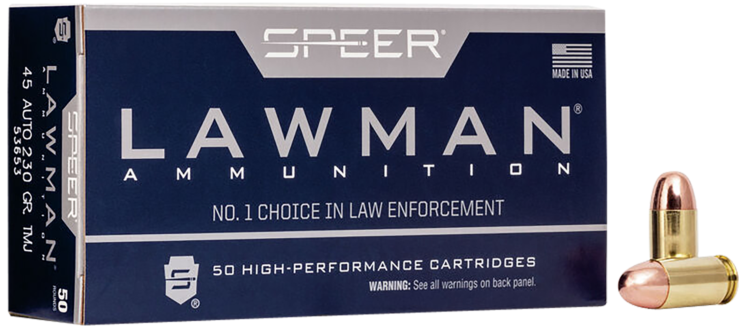 Speer Lawman Handgun Ammunition 53653, 45 ACP, Total Metal Jacket (TMJ), 230 GR, 830 fps, 50 Rd/Bx