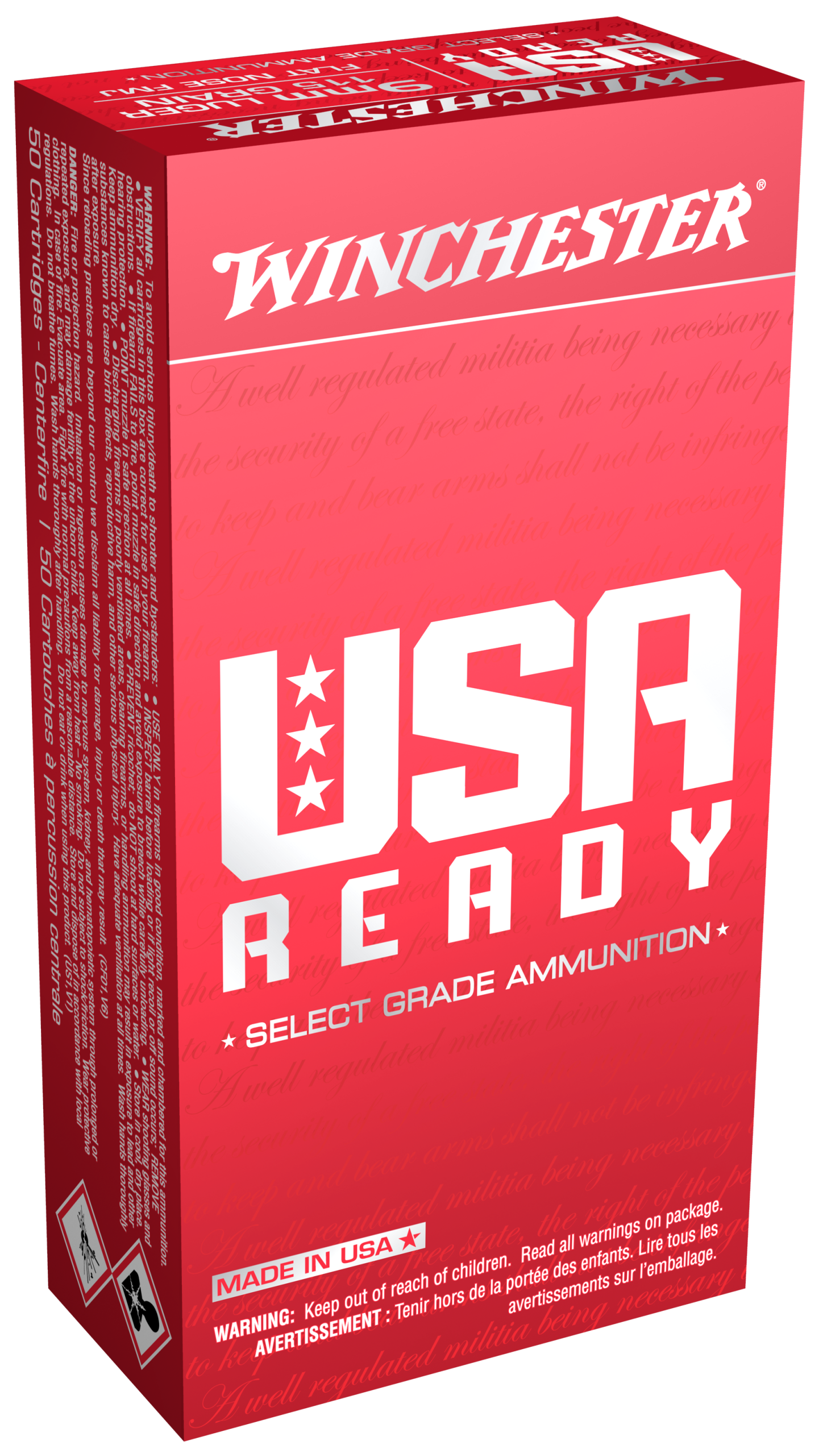 Winchester USA Ready Pistol Ammunition RED9, 9mm Luger, Full Metal Jacket Flat Nose, 115 gr, 1190 fps, 50 Rd/Bx