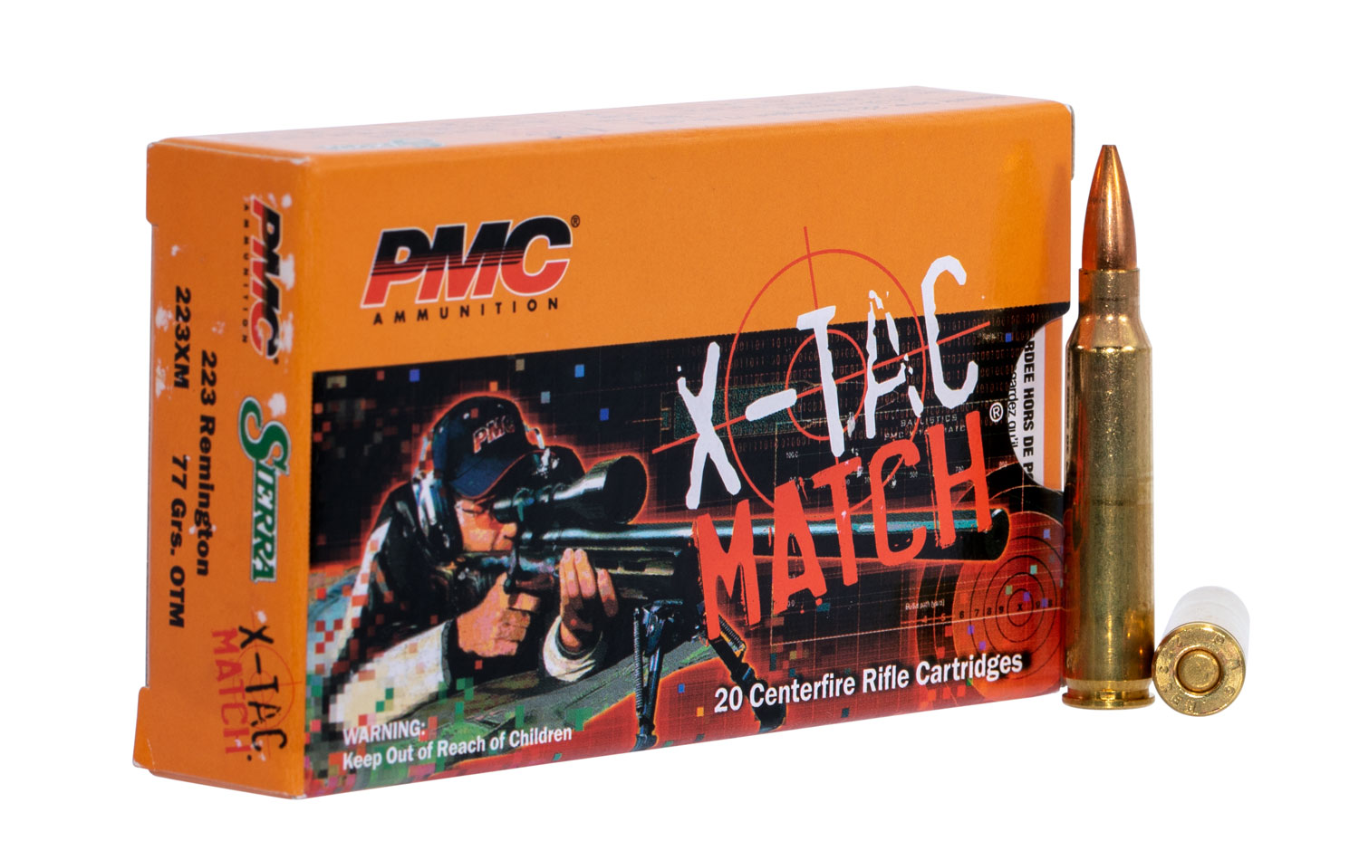 PMC X-Tac Match Rifle Ammunition 223XM, 223 Remingtonm, Open Tip Match (OTM), 77 gr, 2790 fps, 20 Rd/Bx