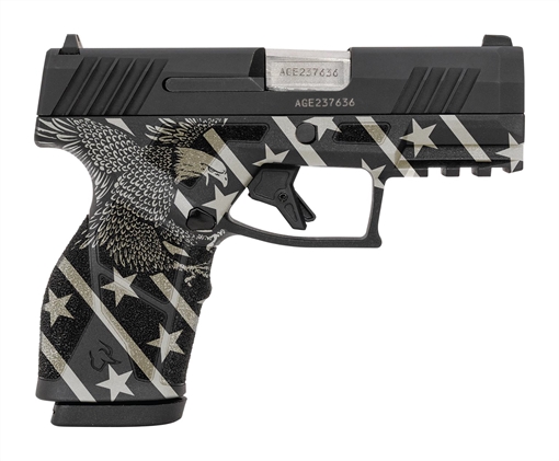 Taurus USA GX2, Semi-automatic, Striker Fired, Compact, 9MM, 3.38" Barrel Length, Matte Finish, Black and White with Custom Eagle Engraving on Grip, White Dot Front Sight with Drift Adjustable Rear Sight, 13 Rounds, 2 Magazines 1-GX2931-EN1