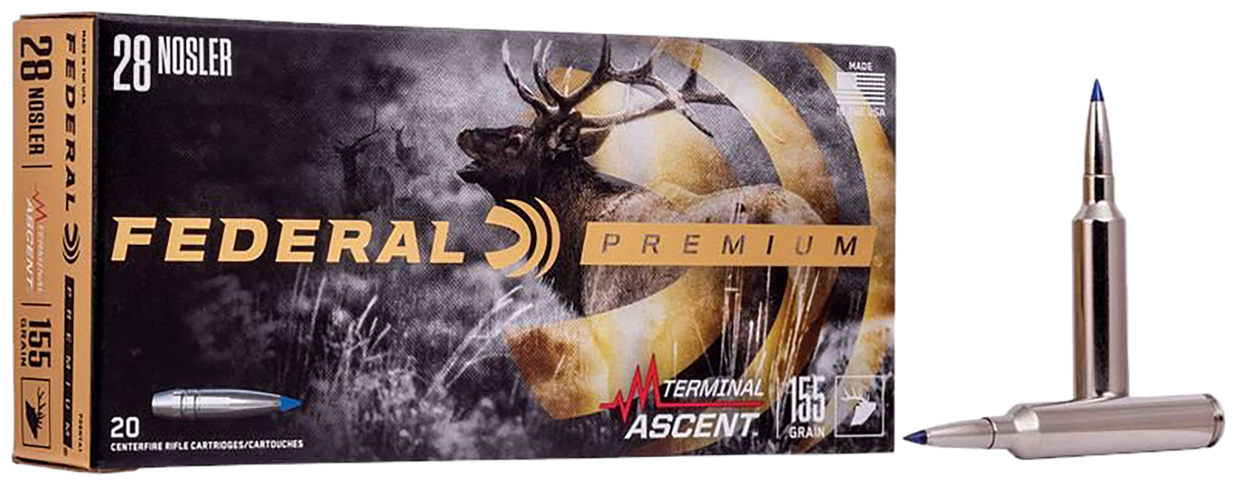 Federal Premium Rifle Ammunition P28NTA1, 28 Nosler, Terminal Ascent, 155 gr, 3200 fps, 20 Rd/Bx