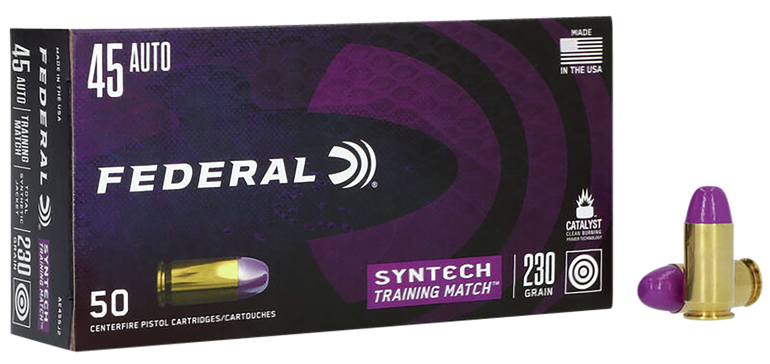 Federal Cartridge Pistol Ammunition AE45SJ2, 45 ACP, Total Syntech Jacket Flat Nose, 230 gr, 890 fps, 50 Rd/Bx
