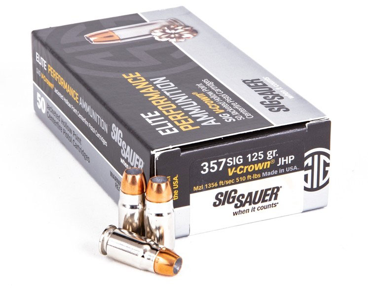 Sig Sauer Elite Performance Pistol Ammunition E357S150, 357 SIG, JHP V-Crown, 125 GR, 1356 fps, 50 Rd/bx
