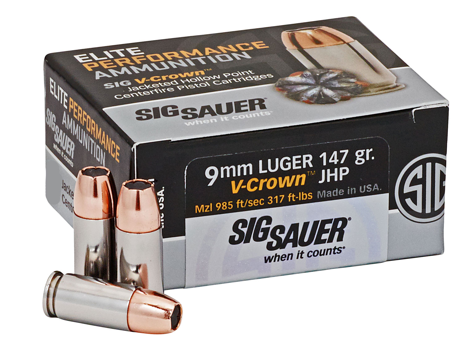 Sig Sauer Match Elite Competition Pistol Ammunition E9MMA3COMP50, 9mm Luger, JHP, 147 gr, 900 fps, 50 Rd/Bx