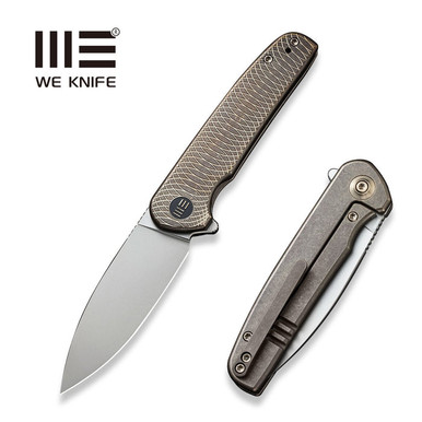 WE Knife Limited Edition Shakan Flipper Knife - 2.97" CPM-20CV Stonewashed Blade, Bronze/Gold Machined Titanium Handles - WE20052C-2