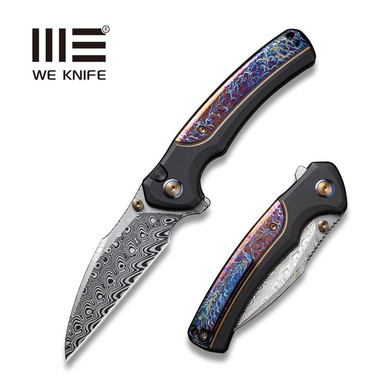 WE Knife Limited Edition Ziffius Flipper Knife - 3.7" Heimskringla Damasteel Wharncliffe Blade, Black Titanium Handles with Chidori Flamed Titanium Inlay, Chidori Accents - WE22024D-DS1