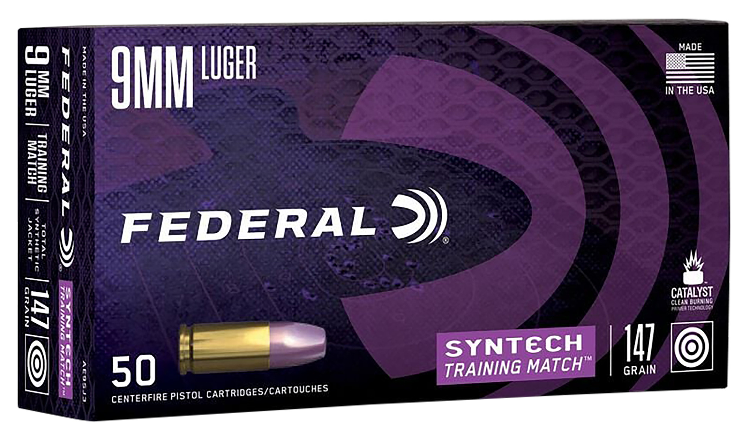 Federal Syntech Training Pistol Ammunition AE9SJ3, 9mm, Total Syntech Jacket (TSJ), 147 gr, 1000 fps, 50 Rd/Bx