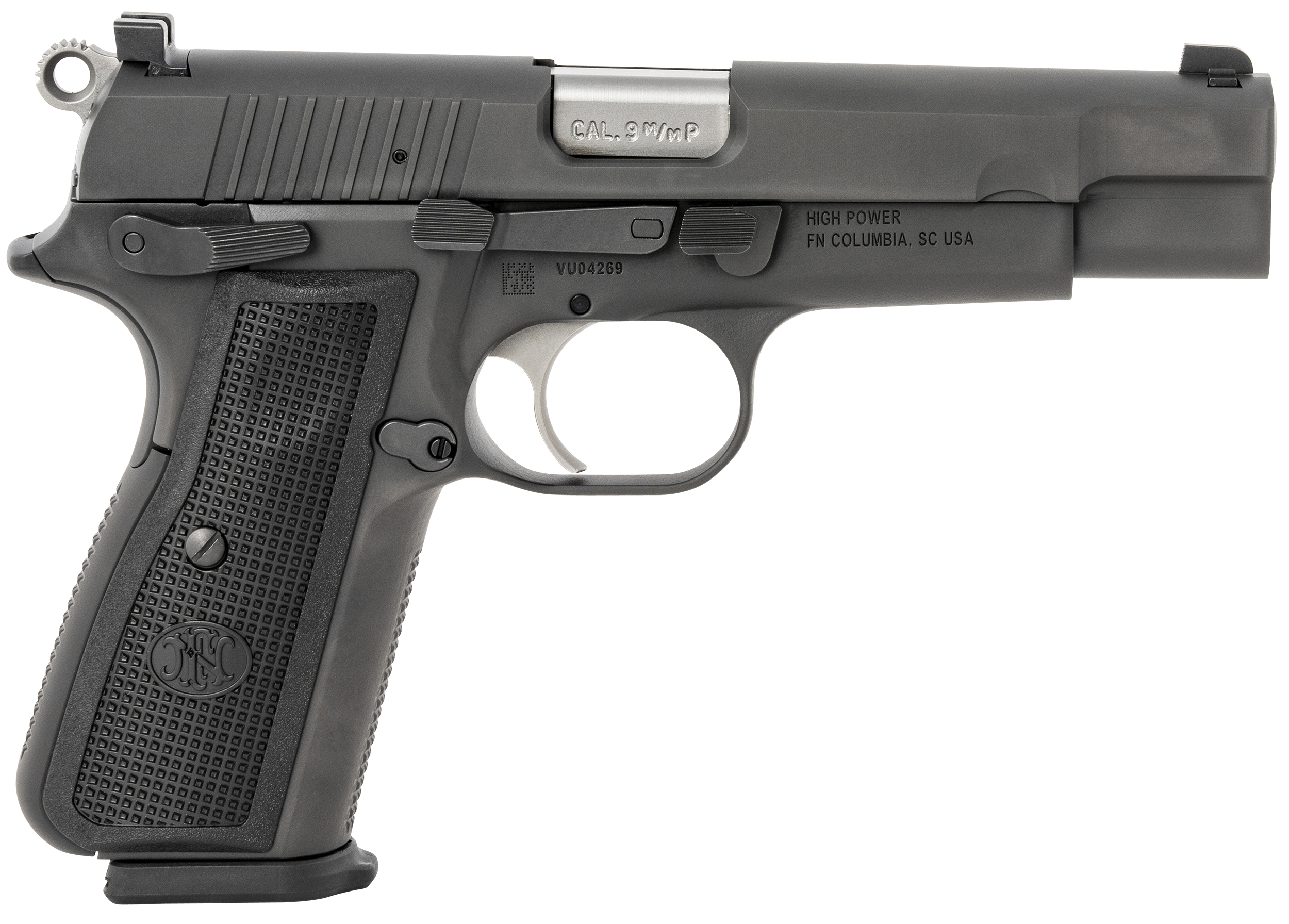 FN High Power Pistol 66100256, 9mm Luger, 4.7", Manual Safety, Black Polymer Grips, Matte Black Finish, 17 Rds