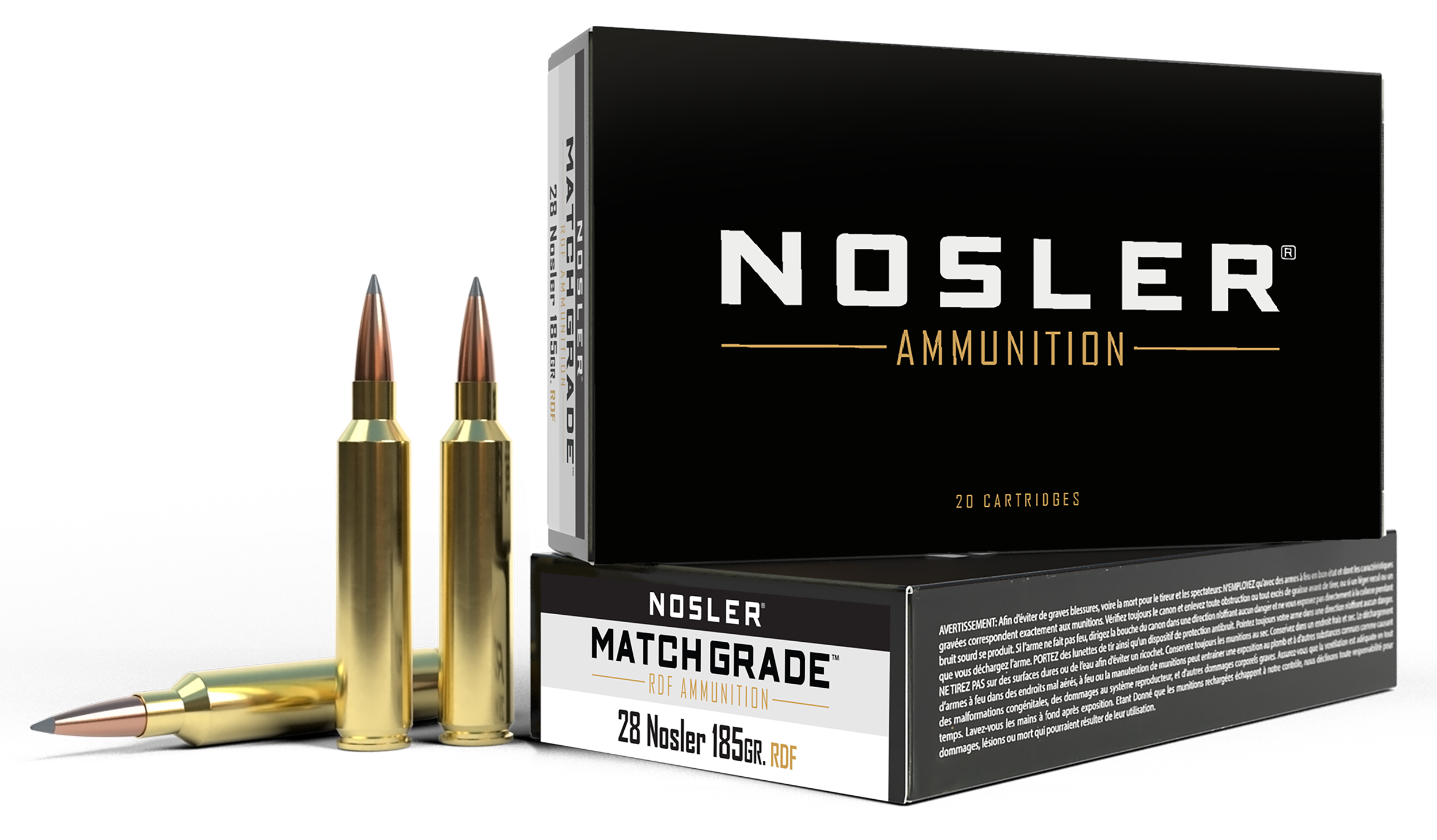 Nosler RDF Rifle Ammunition 60141, 28 Nosler, Hollow Point Boat Tail (HPBT), 185 gr, 3574 ft lbs, 20 Rd/Bx